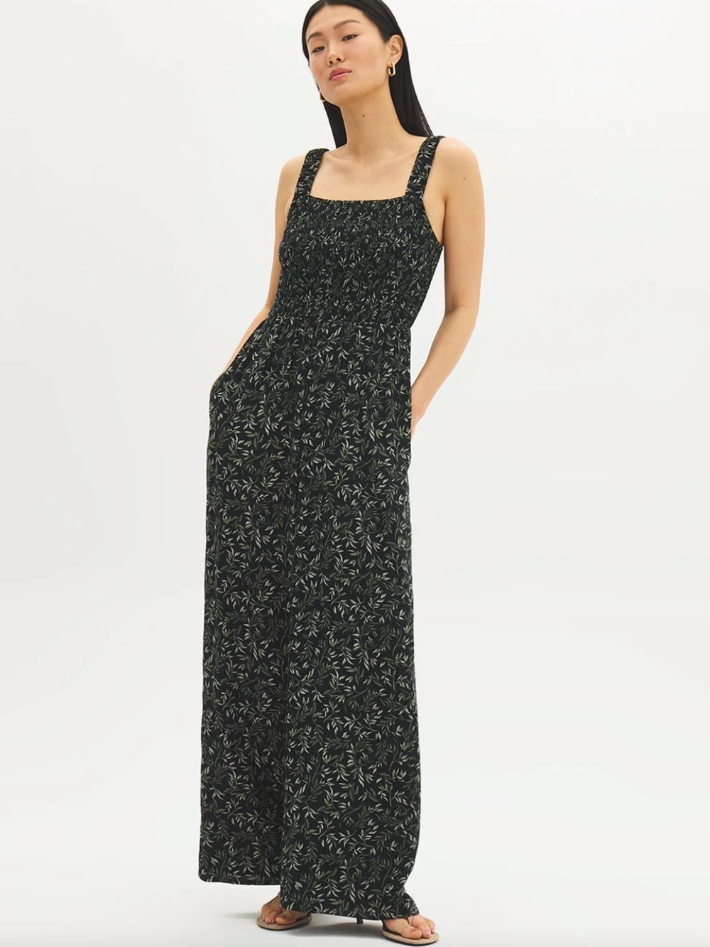 Black Floral (Ivy) Jumpsuit with Pockets & Smocked Bodice